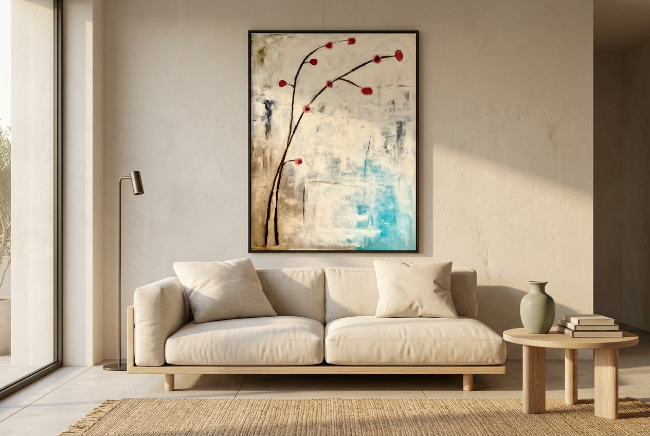 First Bloom shown hanging in a styled living room